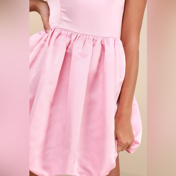 Lulus Regal Cutie Light Pink Satin Square Neck Bubble-Hem Mini Dress - Picture 5 of 8